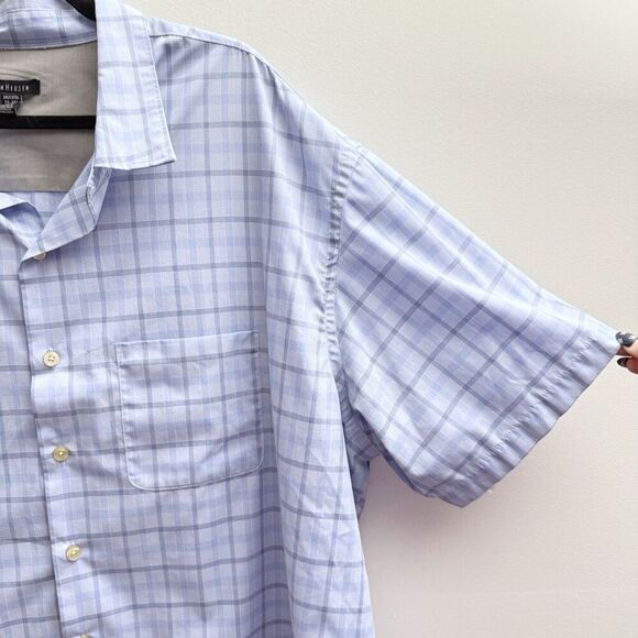 Van Heusen Shirt Mens 3XLT XXXLT Light Blue Plaid Short Sleeve Button Down - Picture 2 of 6